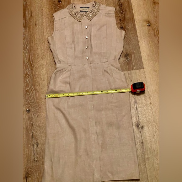 Vintage 1940’s 50s rhinestone beads linen dress pleats buttons Medium M 28”w VLV - Picture 8 of 12